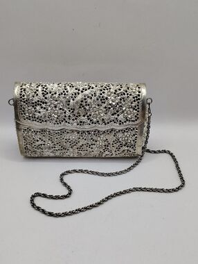Vintage Hand Made Silver Filigree Evening Clutch with Chain